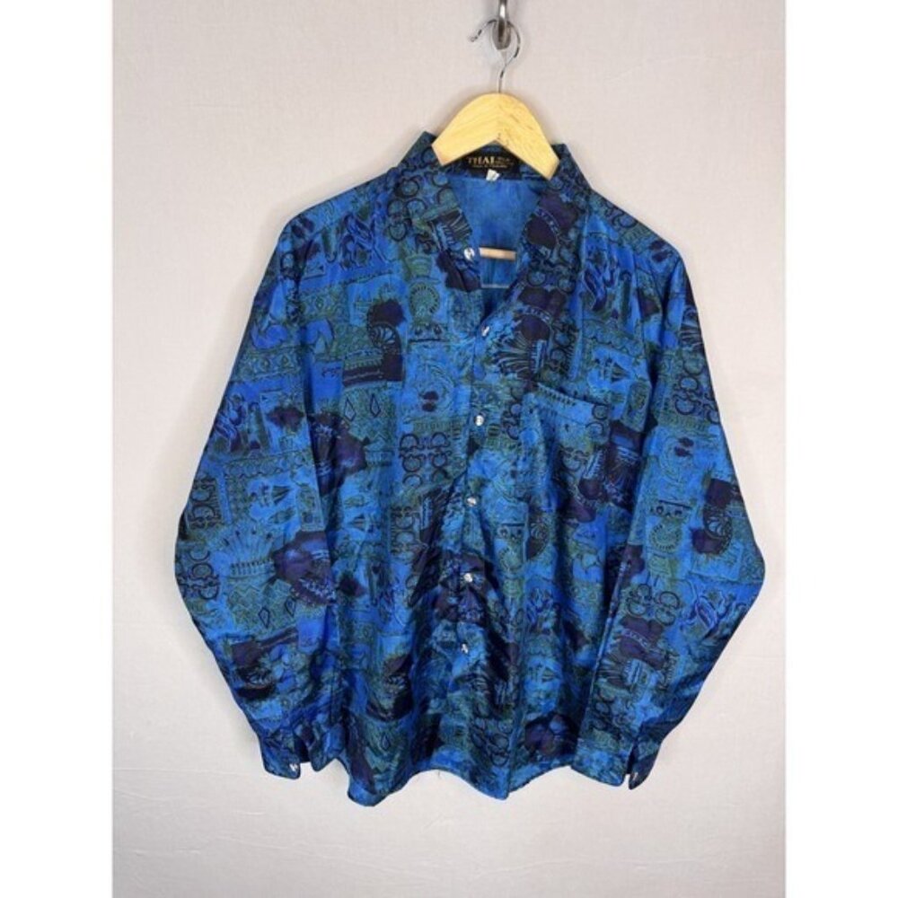 Thai Silk Collection Mens XL Blue Green Abstract Graphic Print Button Down Shirt